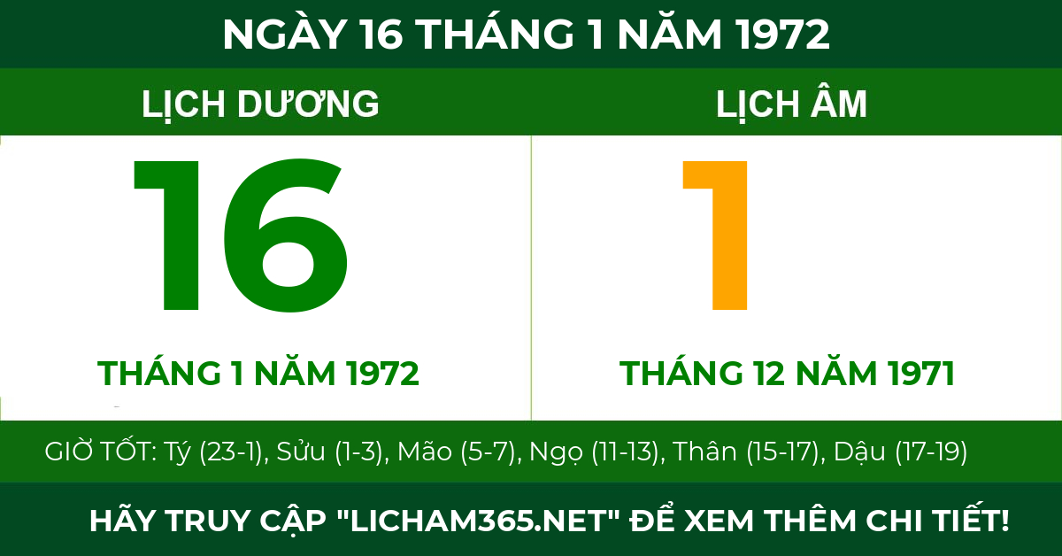 lịch âm ngày 16 tháng 1 năm 1972