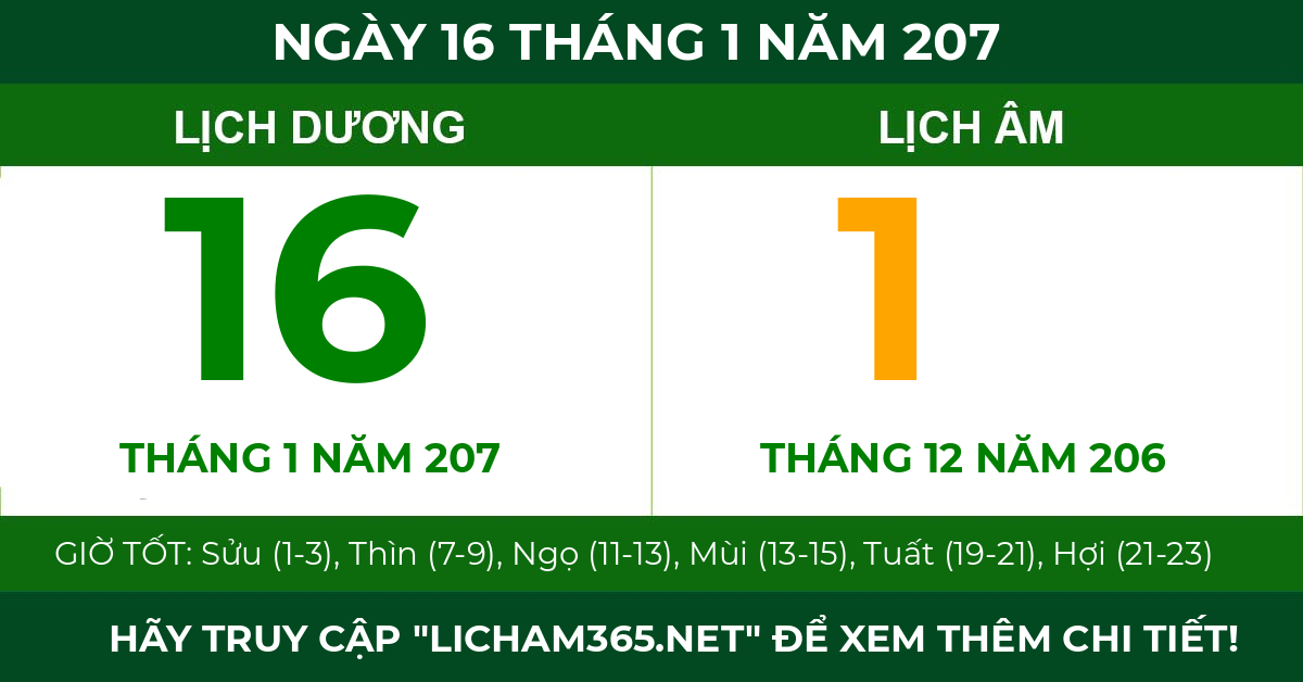 lịch âm ngày 16 tháng 1 năm 207