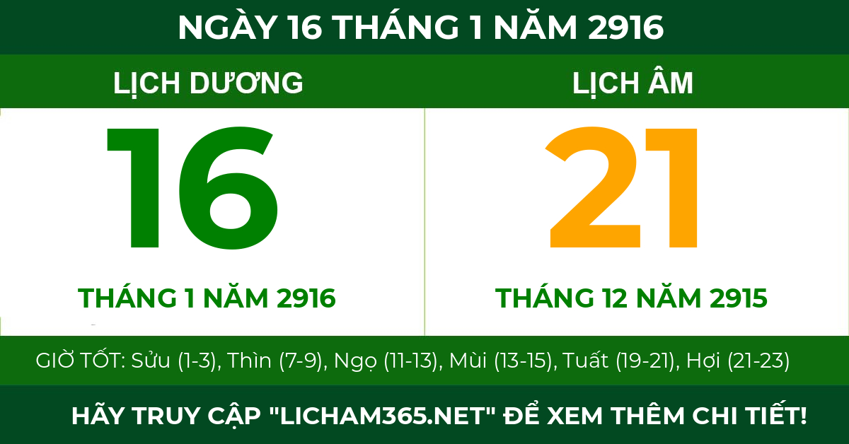 lịch âm ngày 16 tháng 1 năm 2916