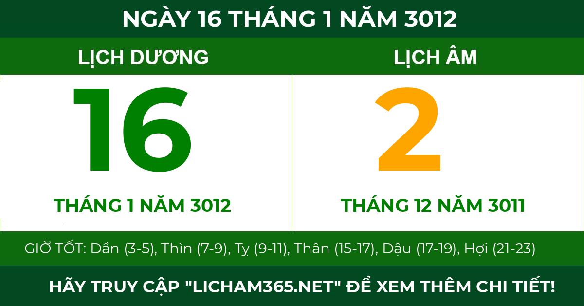 lịch âm ngày 16 tháng 1 năm 3012