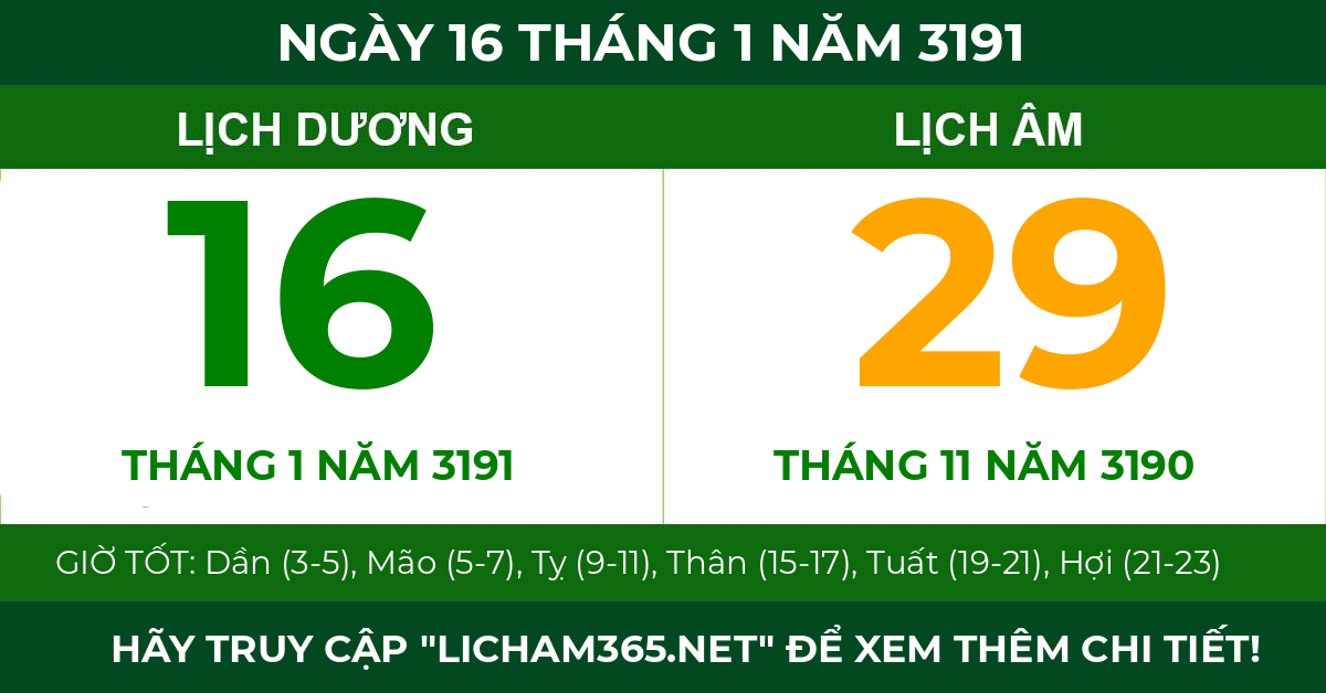lịch âm ngày 16 tháng 1 năm 3191