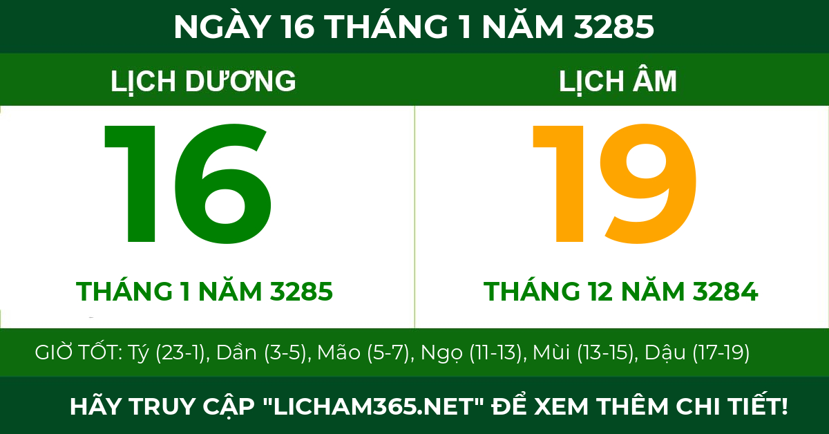 lịch âm ngày 16 tháng 1 năm 3285