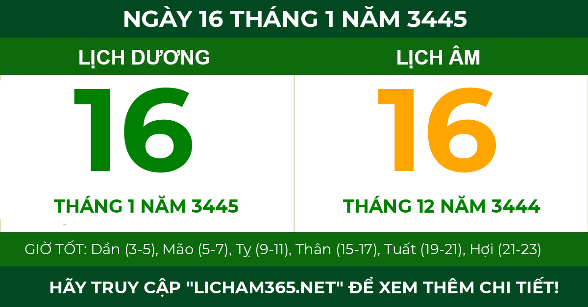lịch âm ngày 16 tháng 1 năm 3445