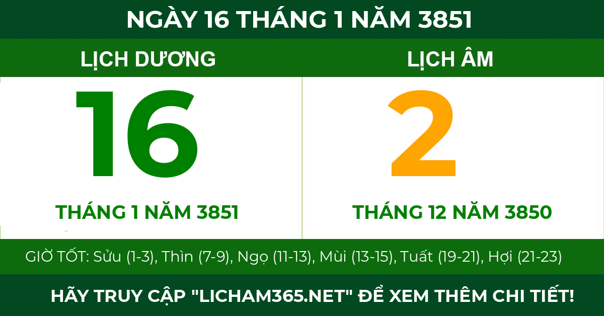 lịch âm ngày 16 tháng 1 năm 3851