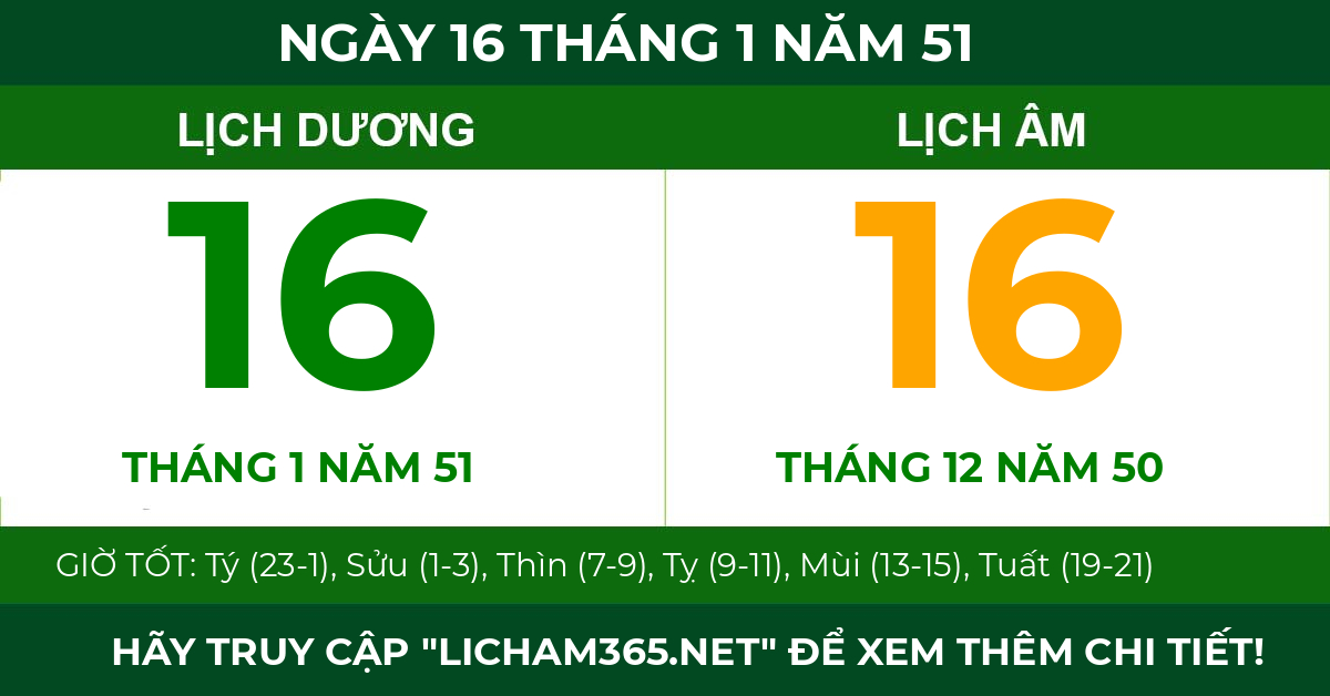 lịch âm ngày 16 tháng 1 năm 51