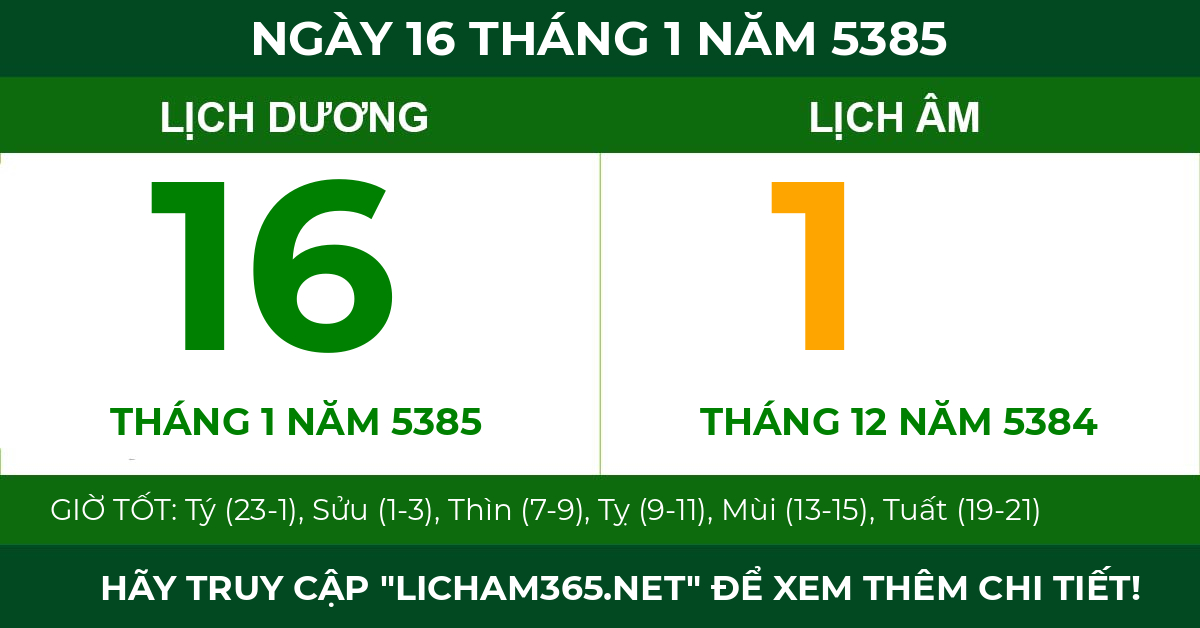 lịch âm ngày 16 tháng 1 năm 5385