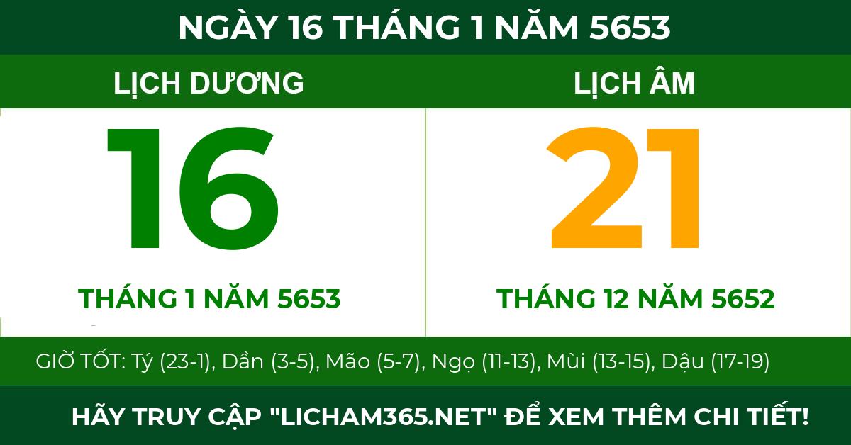 lịch âm ngày 16 tháng 1 năm 5653