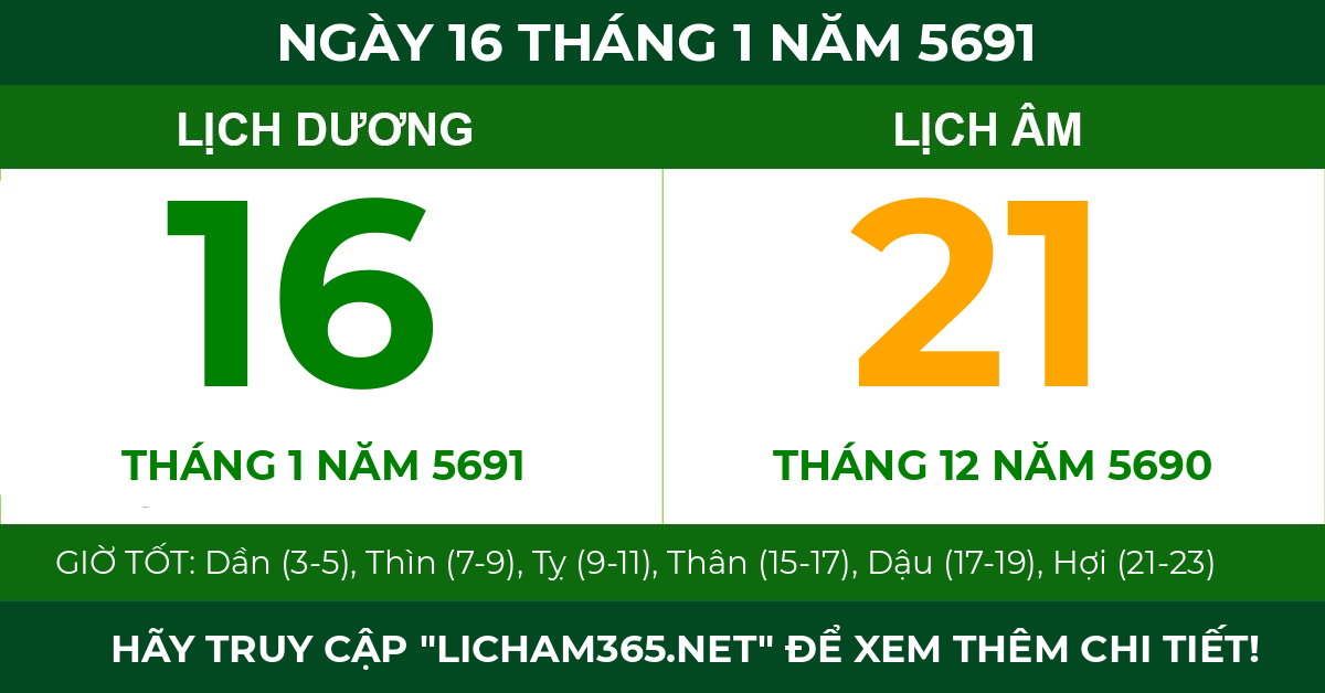 lịch âm ngày 16 tháng 1 năm 5691