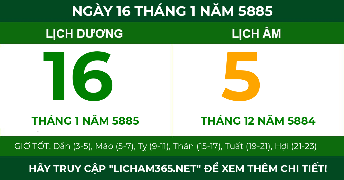 lịch âm ngày 16 tháng 1 năm 5885