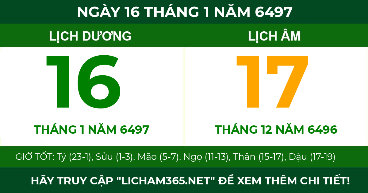 lịch âm ngày 16 tháng 1 năm 6497