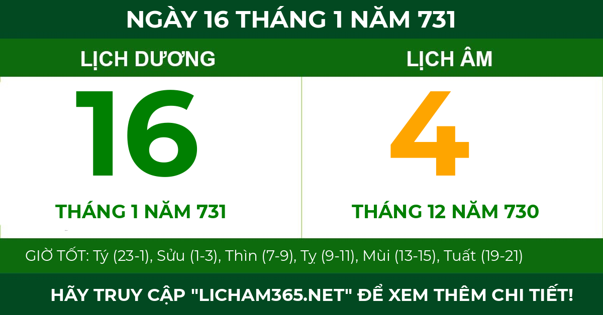 lịch âm ngày 16 tháng 1 năm 731