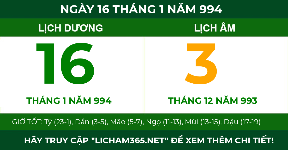 lịch âm ngày 16 tháng 1 năm 994