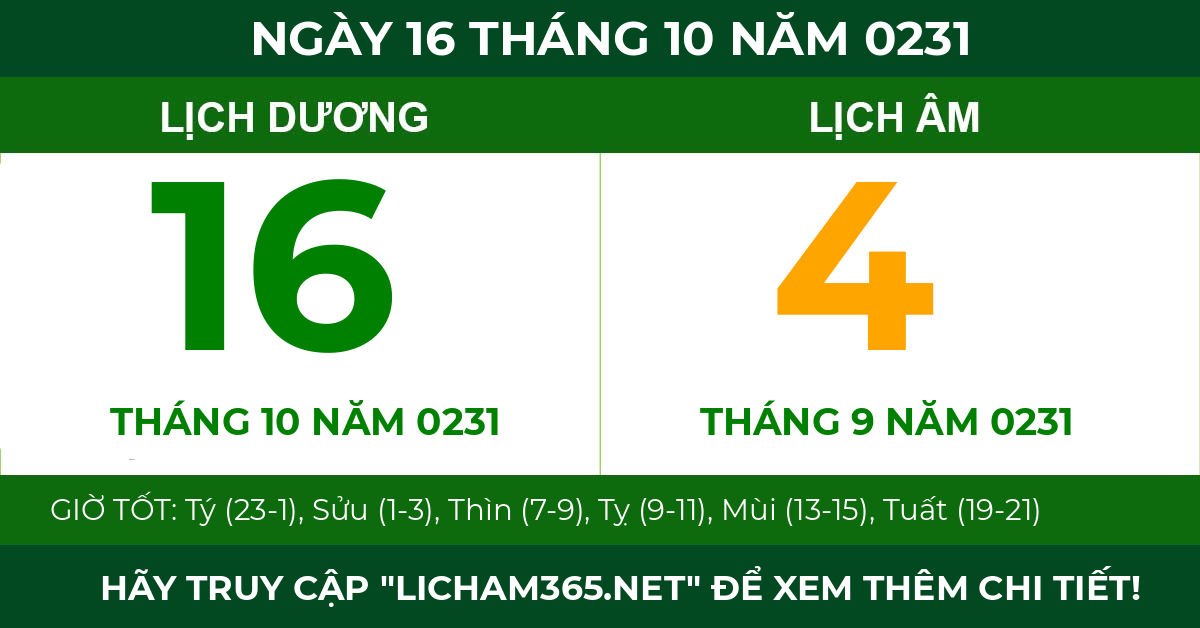 lịch âm ngày 16 tháng 10 năm 0231