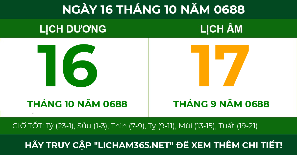 lịch âm ngày 16 tháng 10 năm 0688