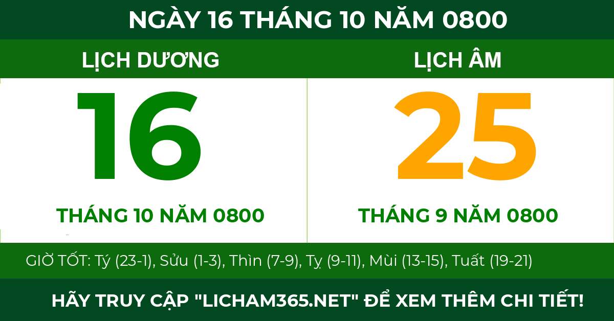 lịch âm ngày 16 tháng 10 năm 0800