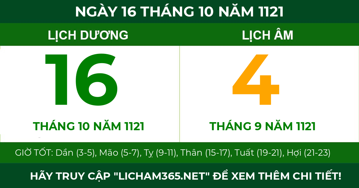 lịch âm ngày 16 tháng 10 năm 1121