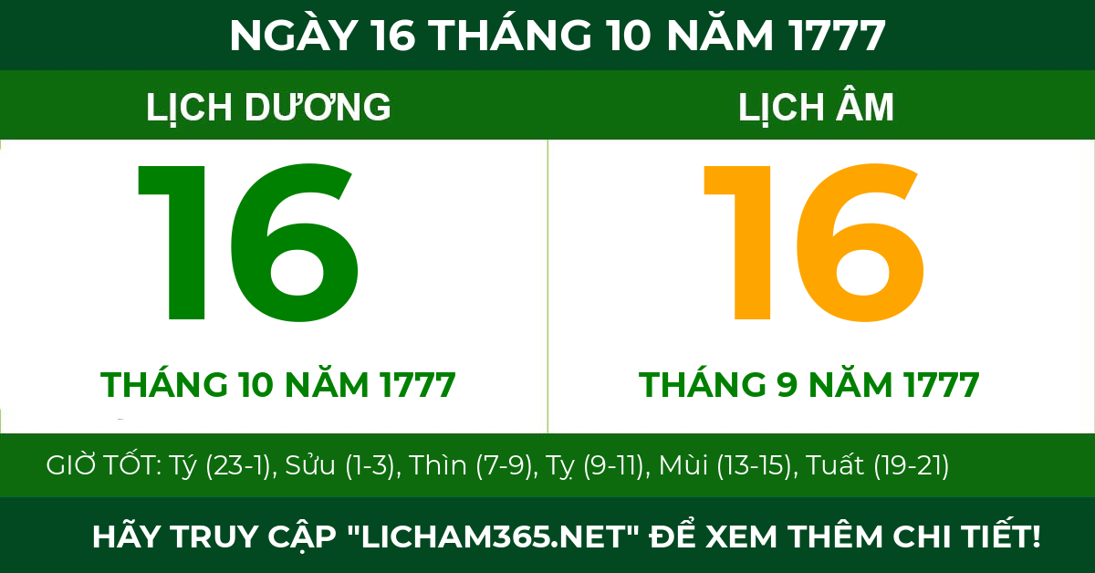 lịch âm ngày 16 tháng 10 năm 1777