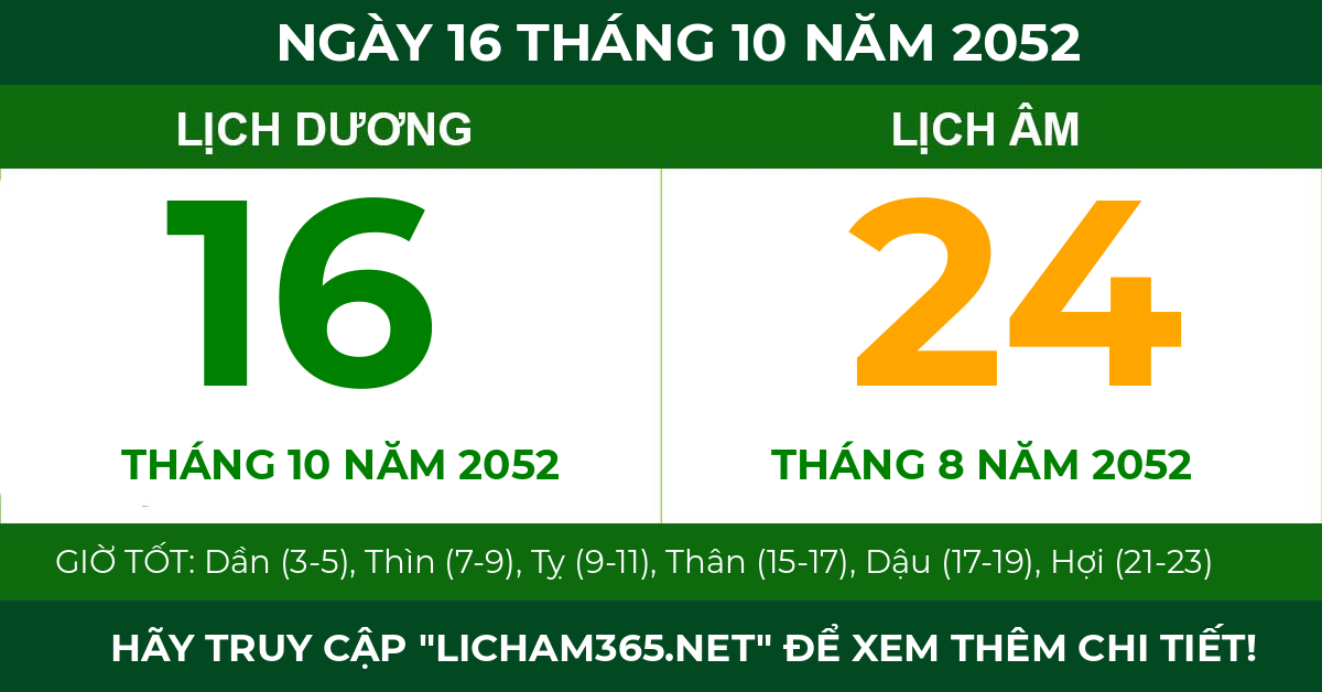 lịch âm ngày 16 tháng 10 năm 2052