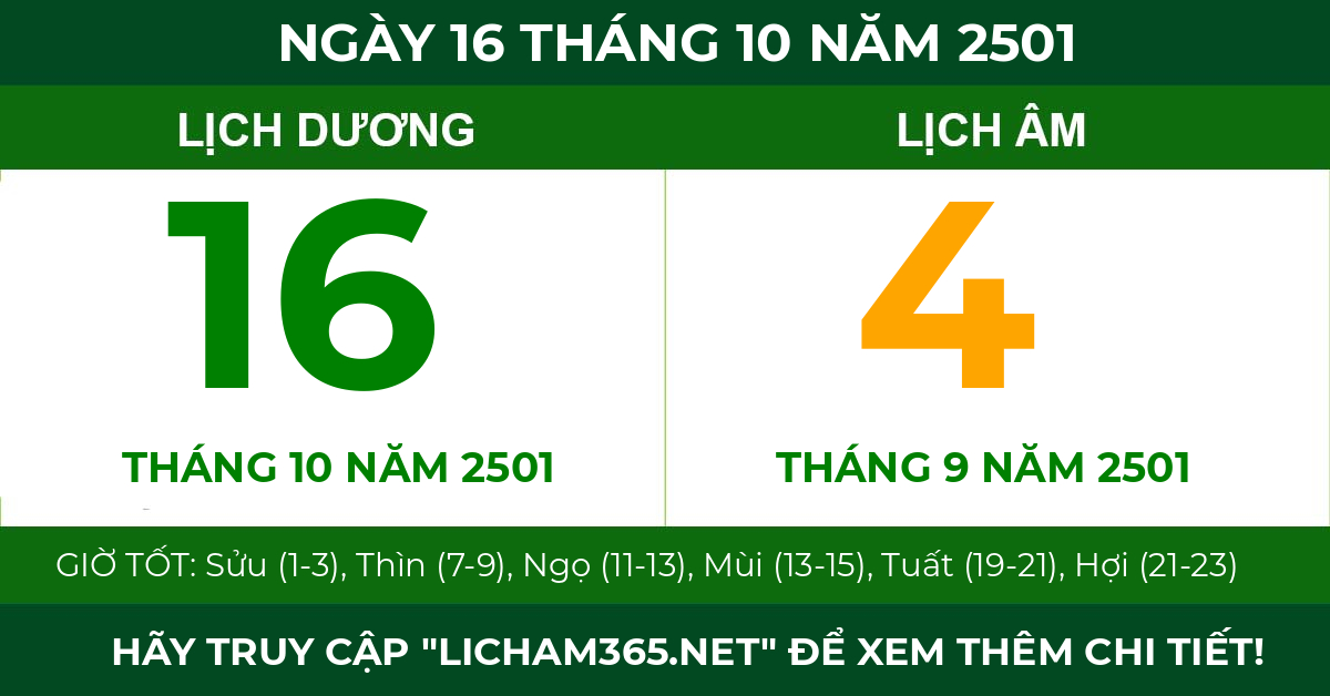 lịch âm ngày 16 tháng 10 năm 2501