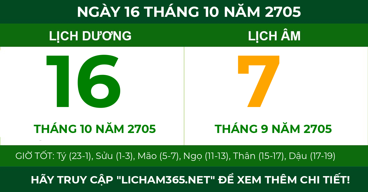 lịch âm ngày 16 tháng 10 năm 2705