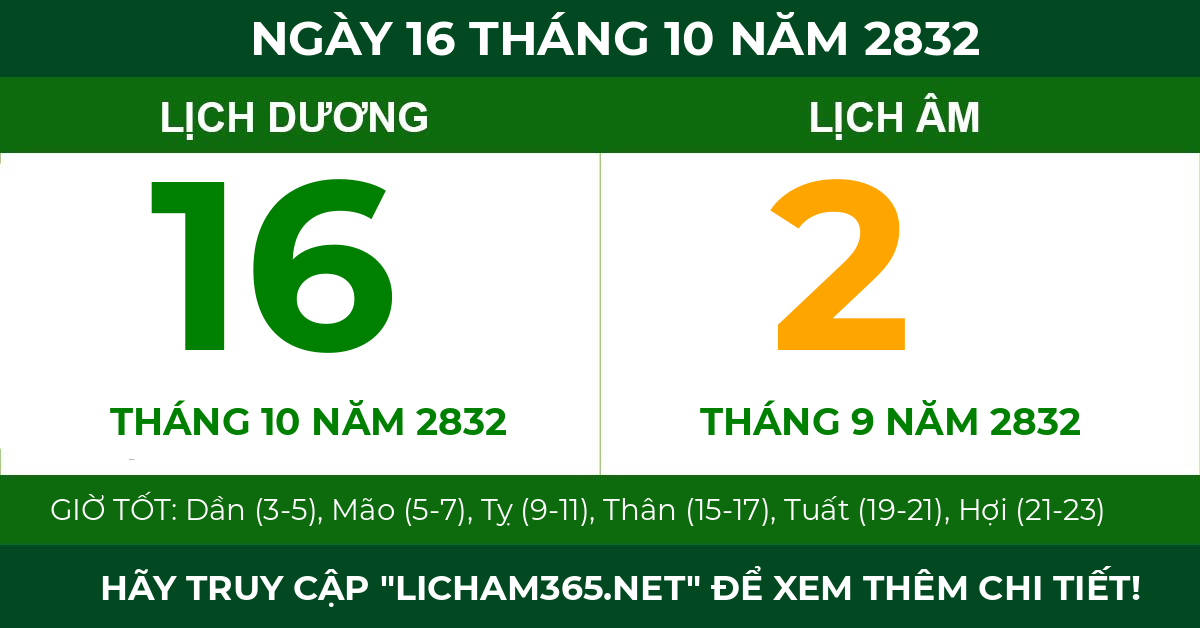 lịch âm ngày 16 tháng 10 năm 2832