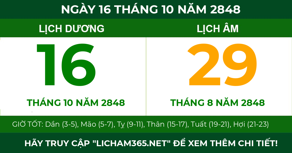 lịch âm ngày 16 tháng 10 năm 2848