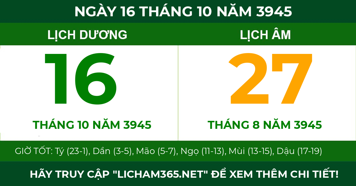 lịch âm ngày 16 tháng 10 năm 3945