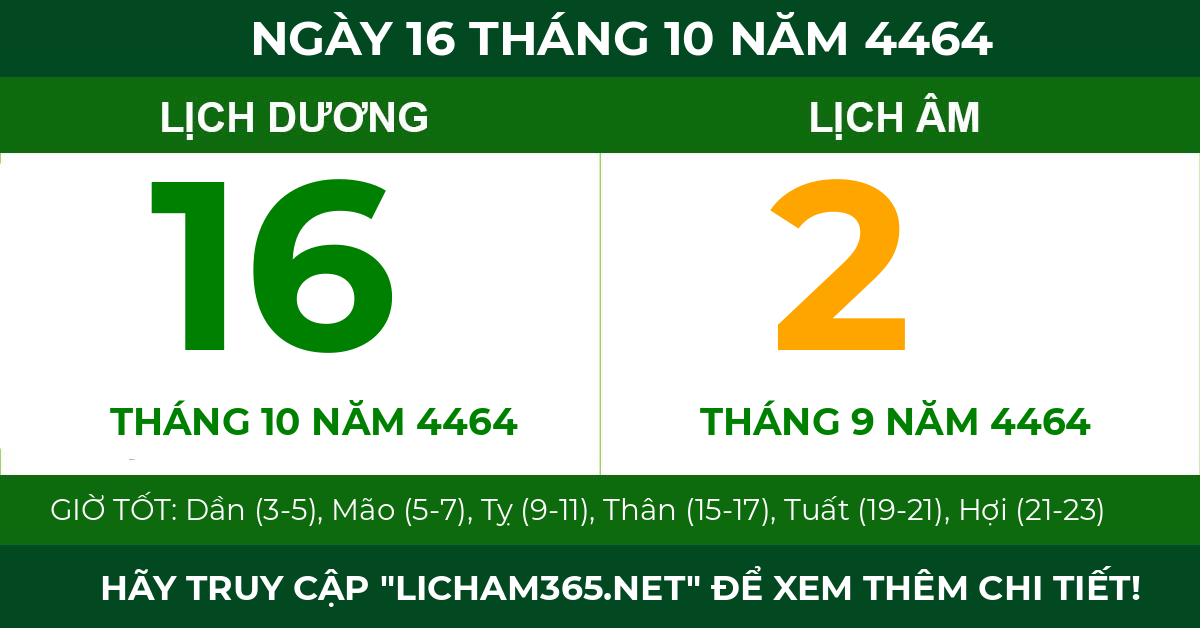 lịch âm ngày 16 tháng 10 năm 4464
