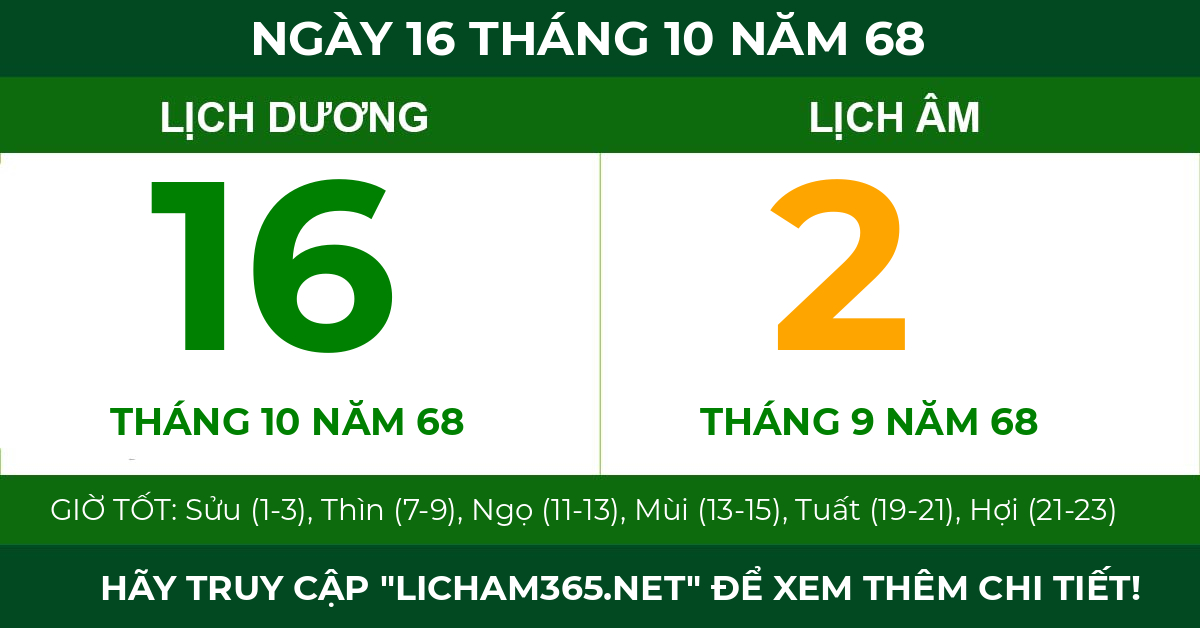 lịch âm ngày 16 tháng 10 năm 68