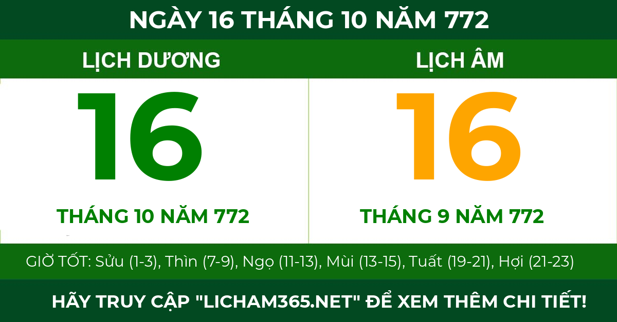 lịch âm ngày 16 tháng 10 năm 772