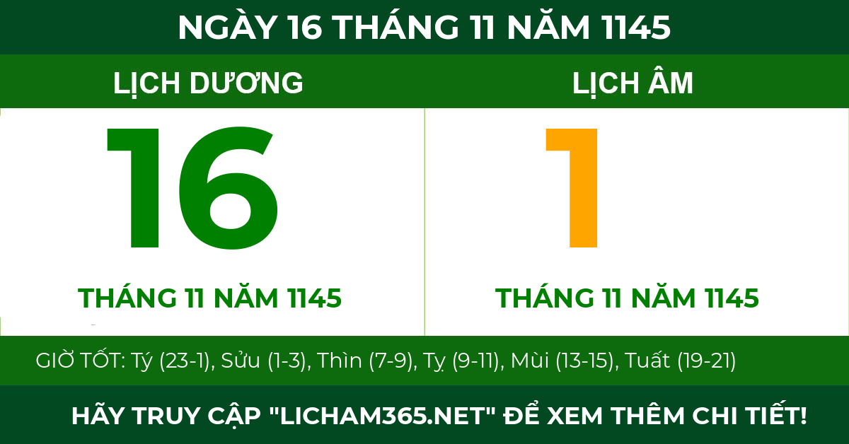 lịch âm ngày 16 tháng 11 năm 1145