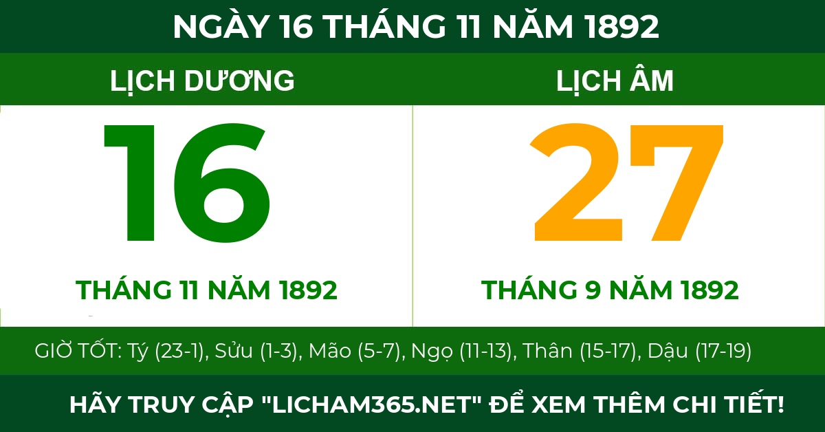 lịch âm ngày 16 tháng 11 năm 1892