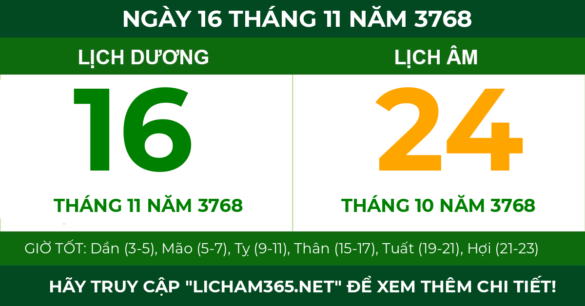 lịch âm ngày 16 tháng 11 năm 3768
