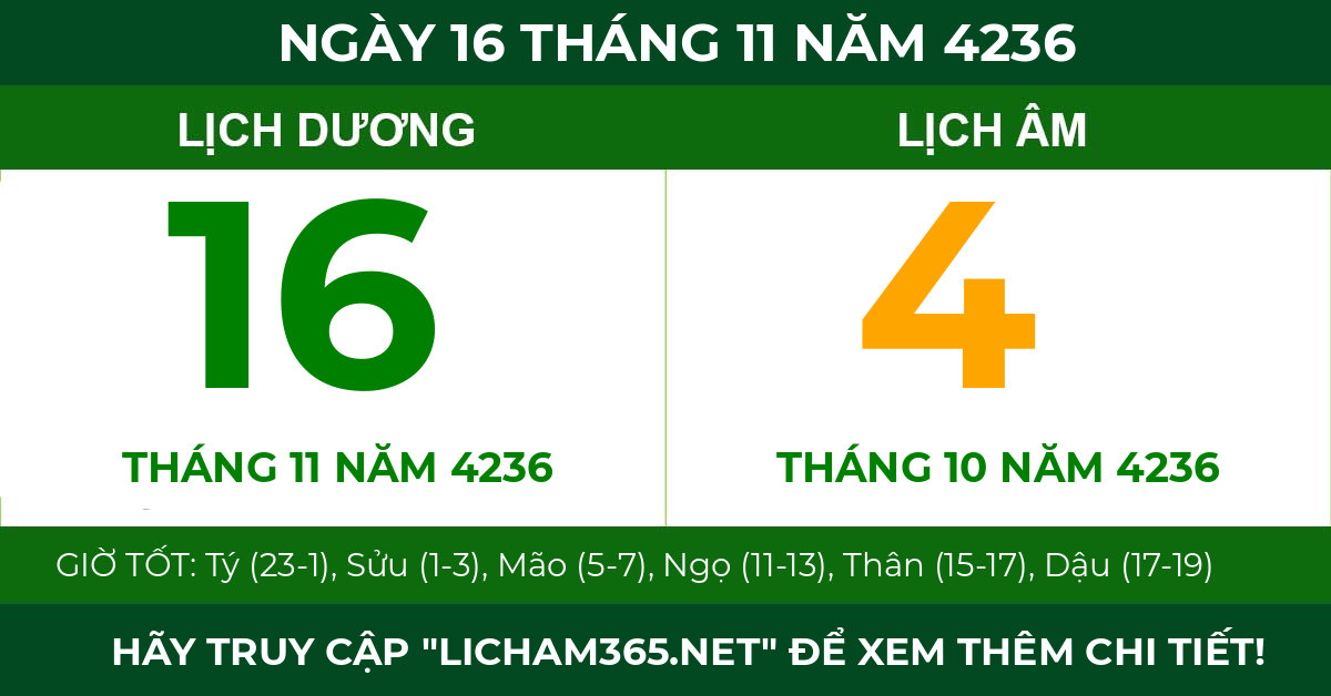 lịch âm ngày 16 tháng 11 năm 4236