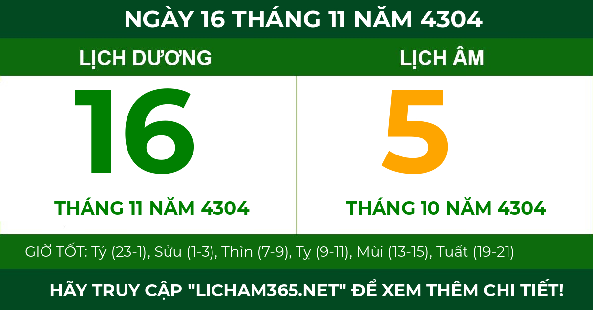 lịch âm ngày 16 tháng 11 năm 4304