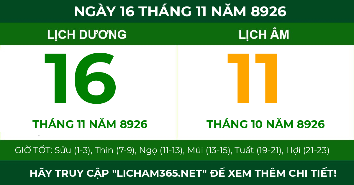 lịch âm ngày 16 tháng 11 năm 8926