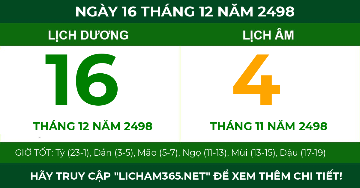 lịch âm ngày 16 tháng 12 năm 2498