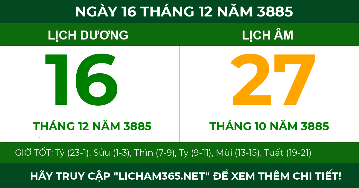 lịch âm ngày 16 tháng 12 năm 3885