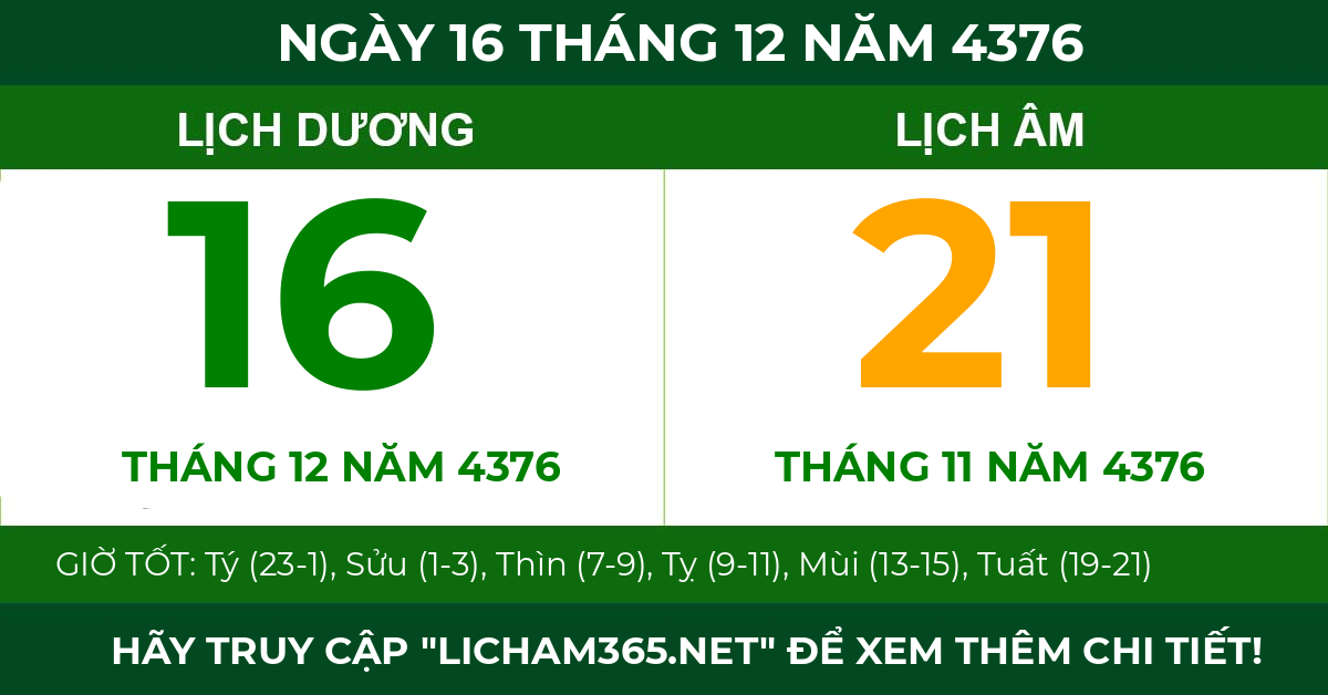 lịch âm ngày 16 tháng 12 năm 4376