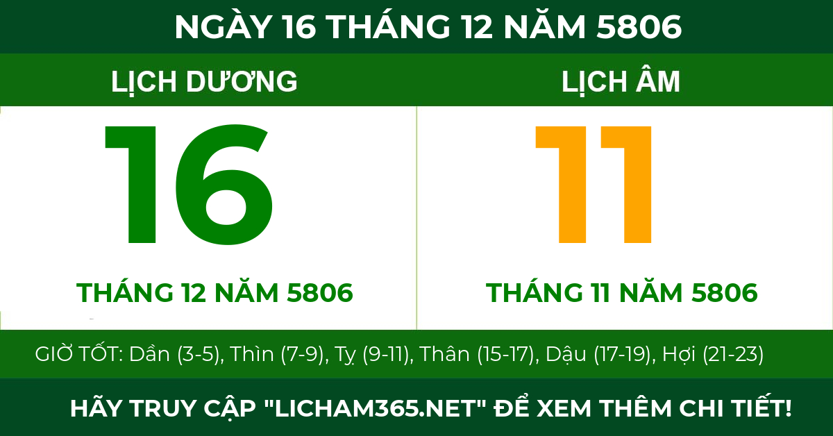 lịch âm ngày 16 tháng 12 năm 5806