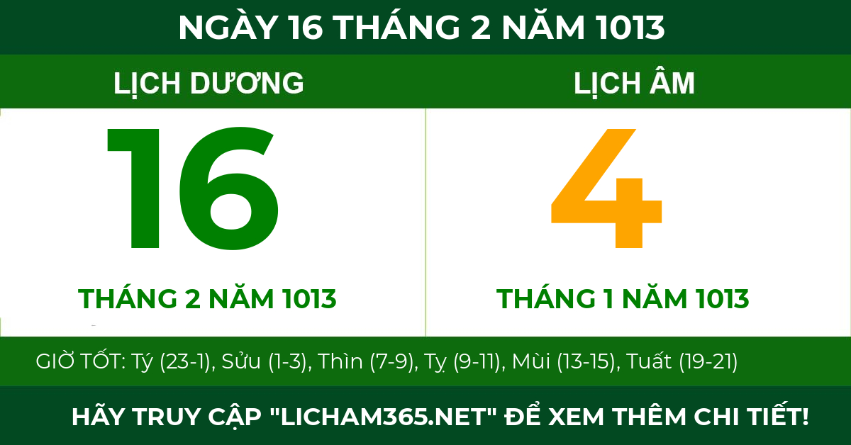 lịch âm ngày 16 tháng 2 năm 1013