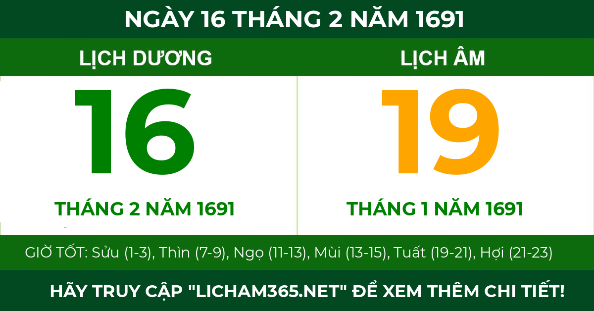lịch âm ngày 16 tháng 2 năm 1691