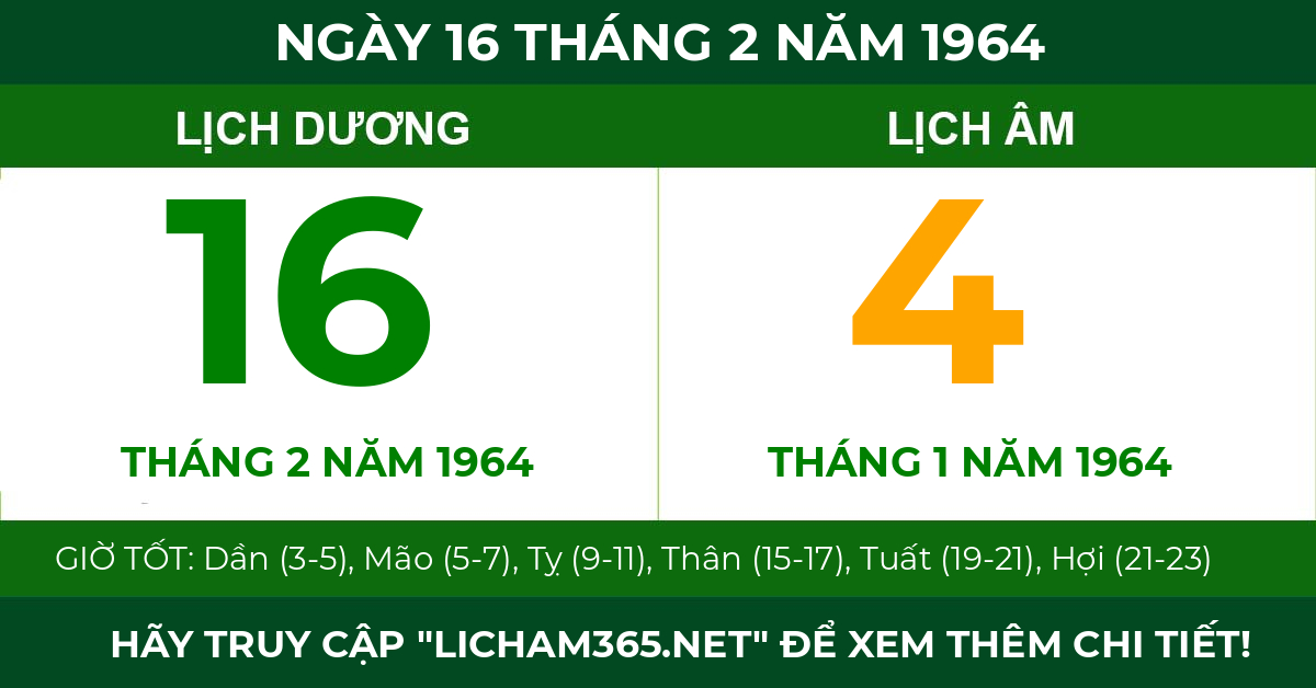 lịch âm ngày 16 tháng 2 năm 1964