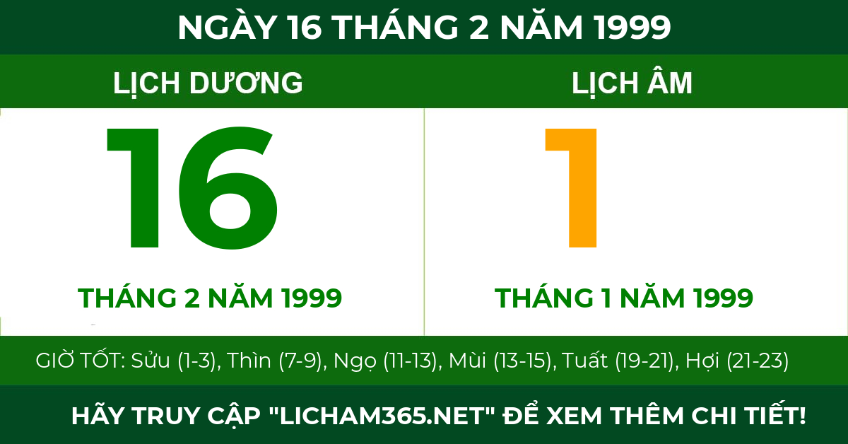 lịch âm ngày 16 tháng 2 năm 1999