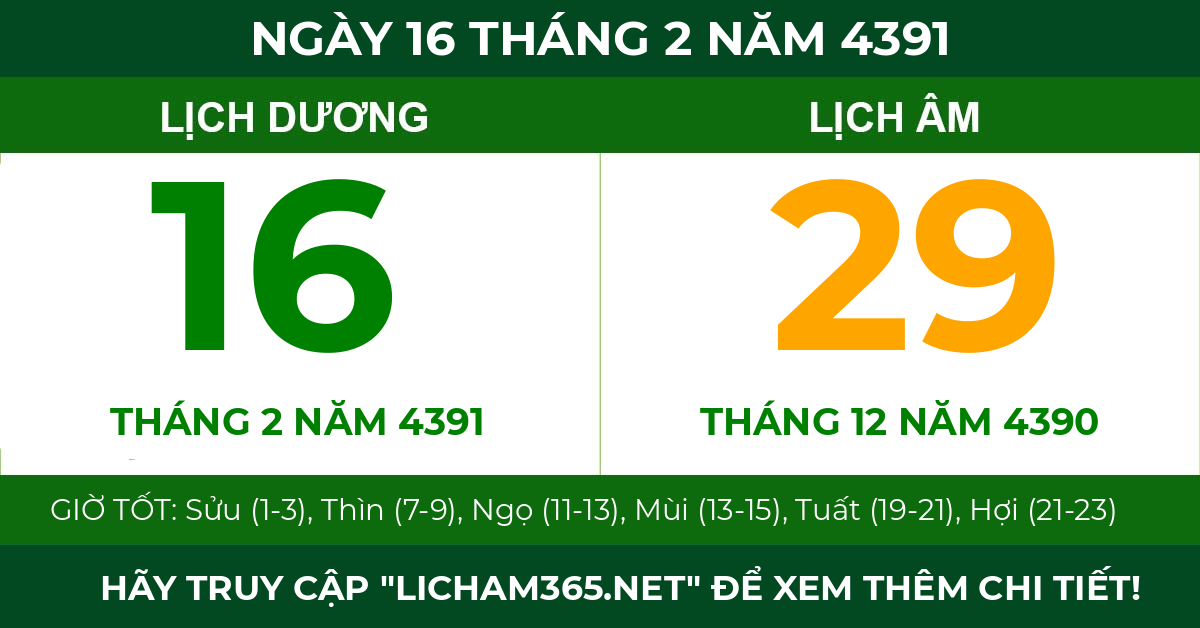 lịch âm ngày 16 tháng 2 năm 4391