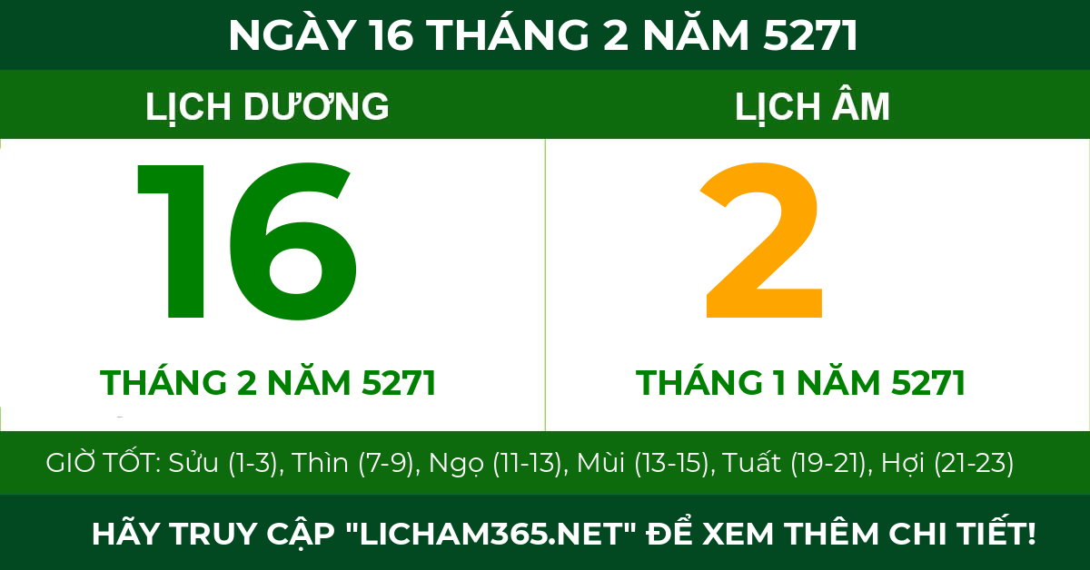 lịch âm ngày 16 tháng 2 năm 5271