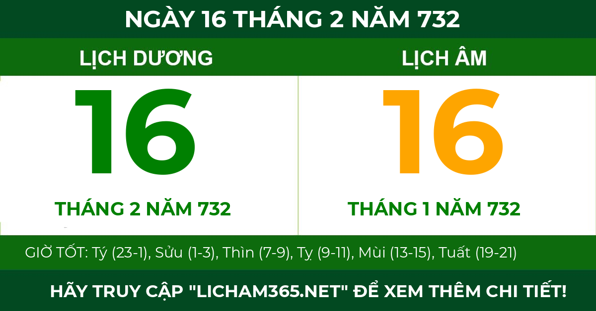 lịch âm ngày 16 tháng 2 năm 732