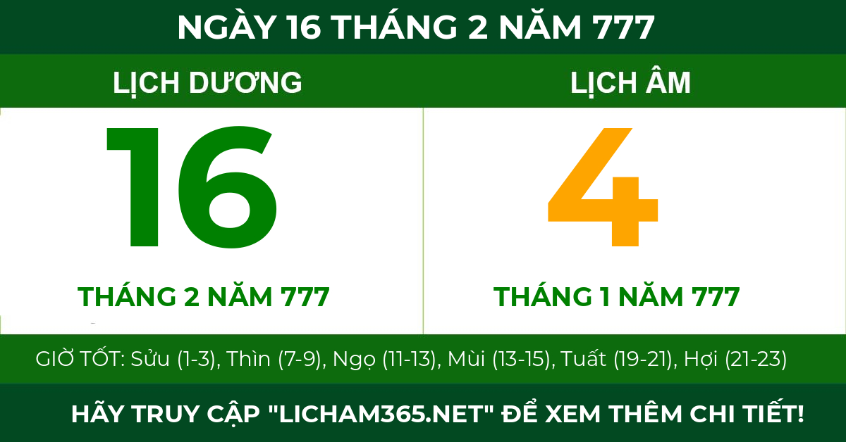 lịch âm ngày 16 tháng 2 năm 777