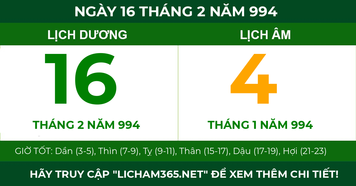 lịch âm ngày 16 tháng 2 năm 994