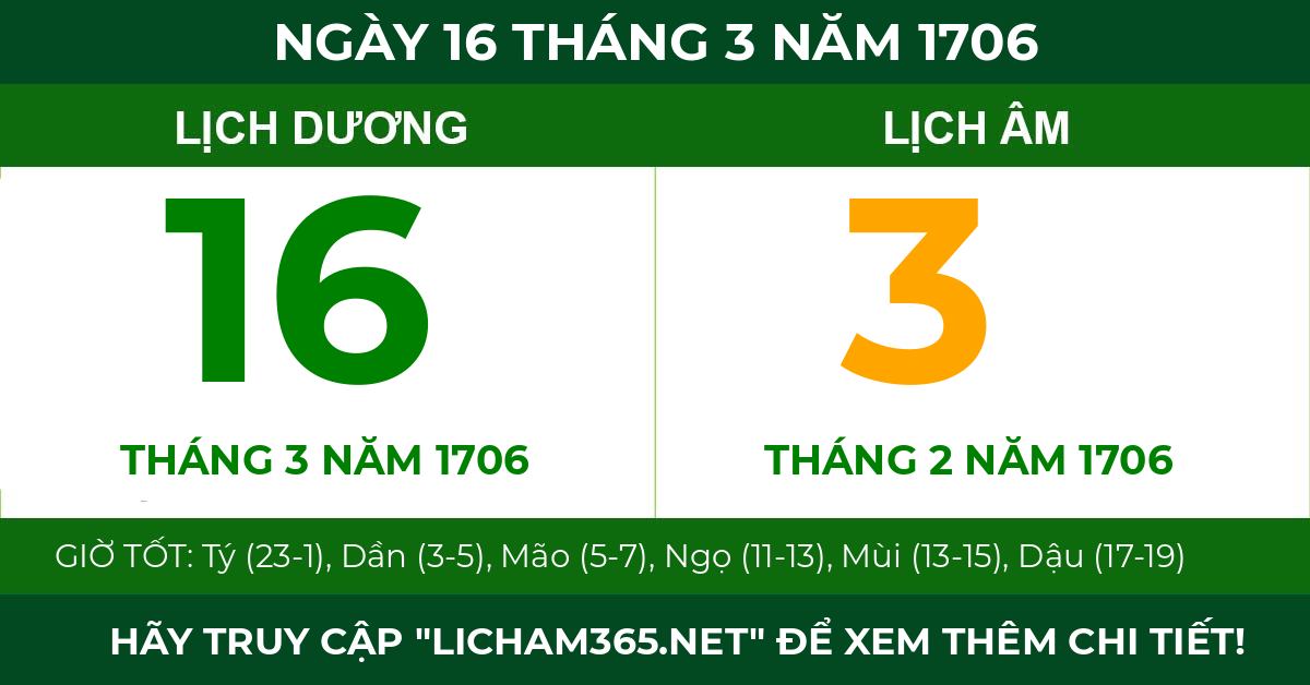 lịch âm ngày 16 tháng 3 năm 1706